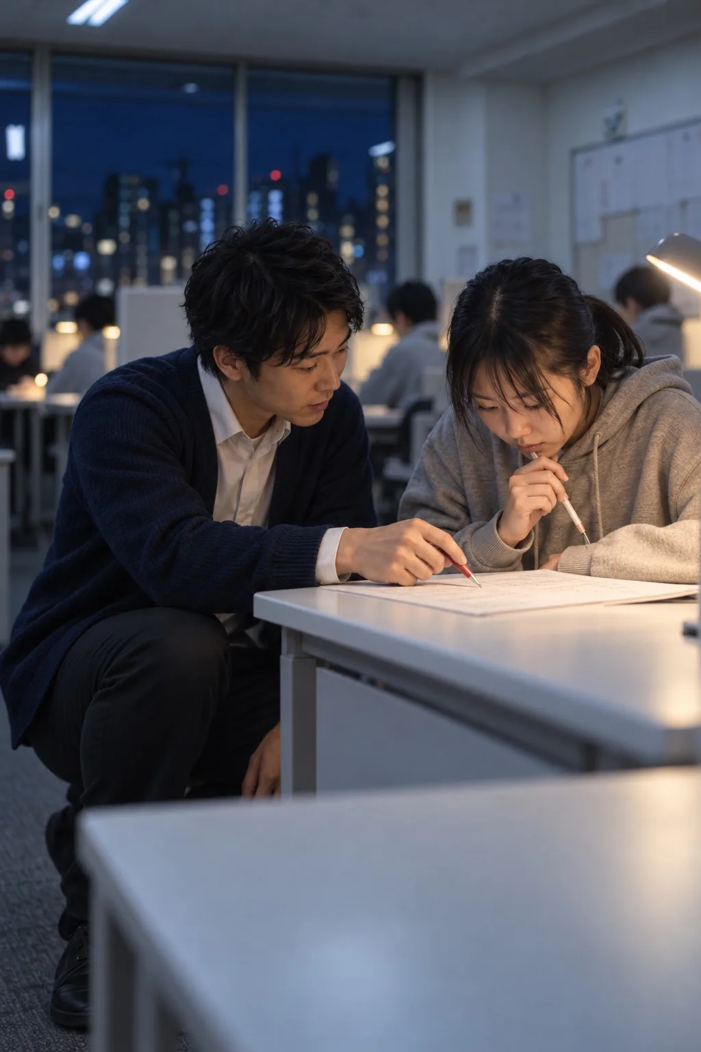 夜の教室で、先生が生徒の机の横にしゃがみ、数学のプリントの1行を赤いペンで指している（写真は見本）