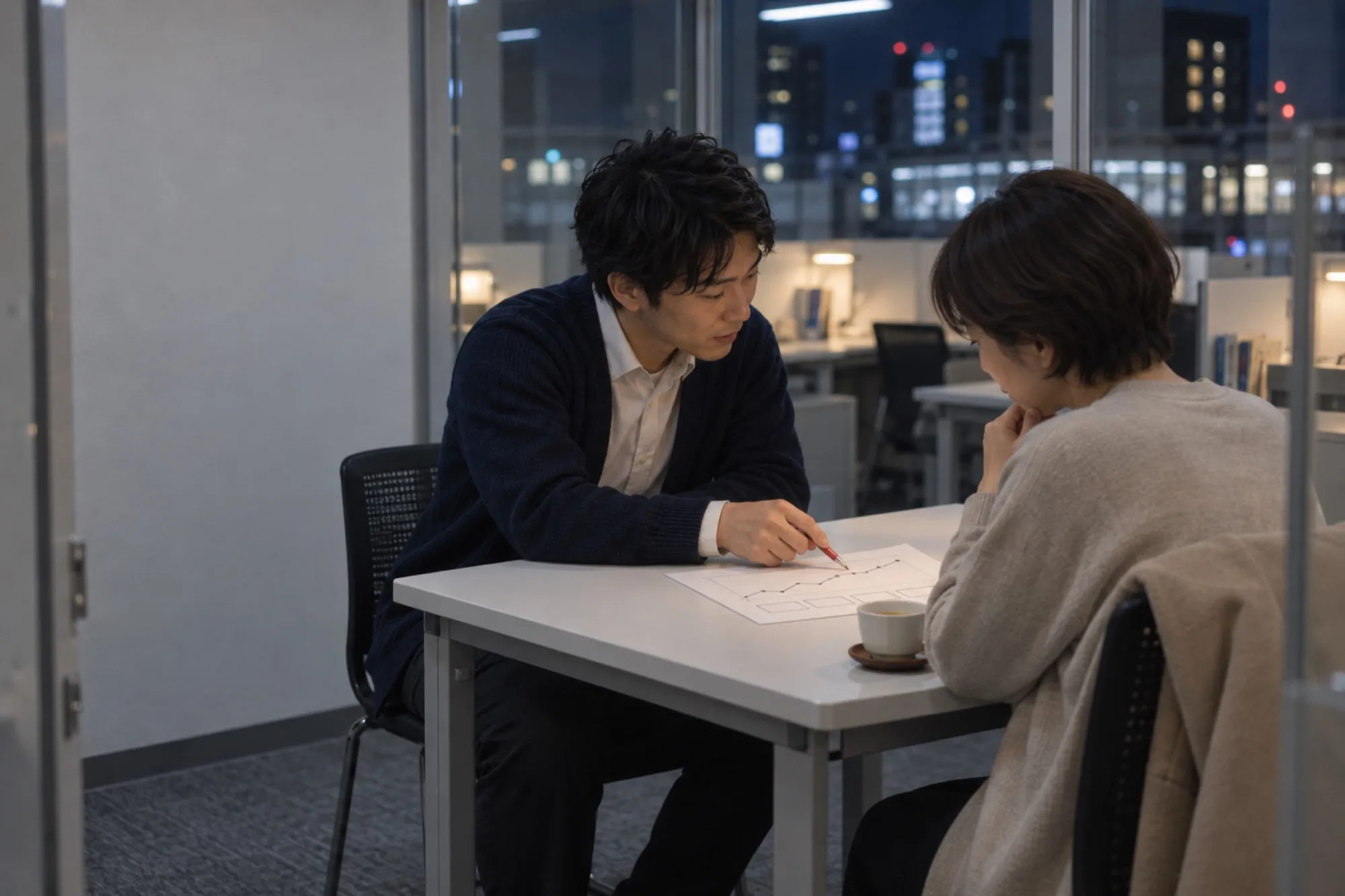 夜の面談の席で、先生が母親に1枚の成績の表を見せて話している（写真は見本）
