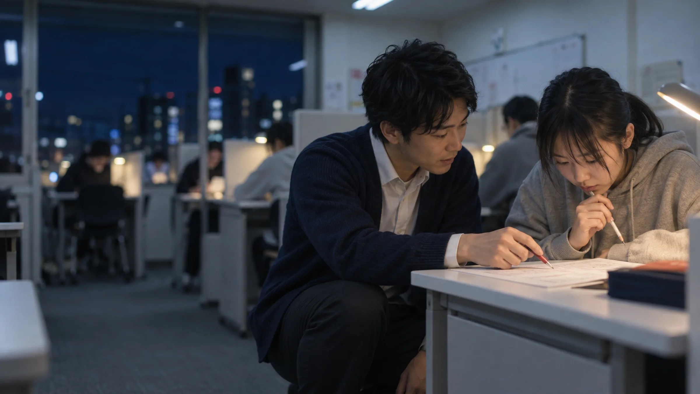夜の教室で、先生が生徒の机の横にしゃがみ、数学のプリントの1行を赤いペンで指している（写真は見本）