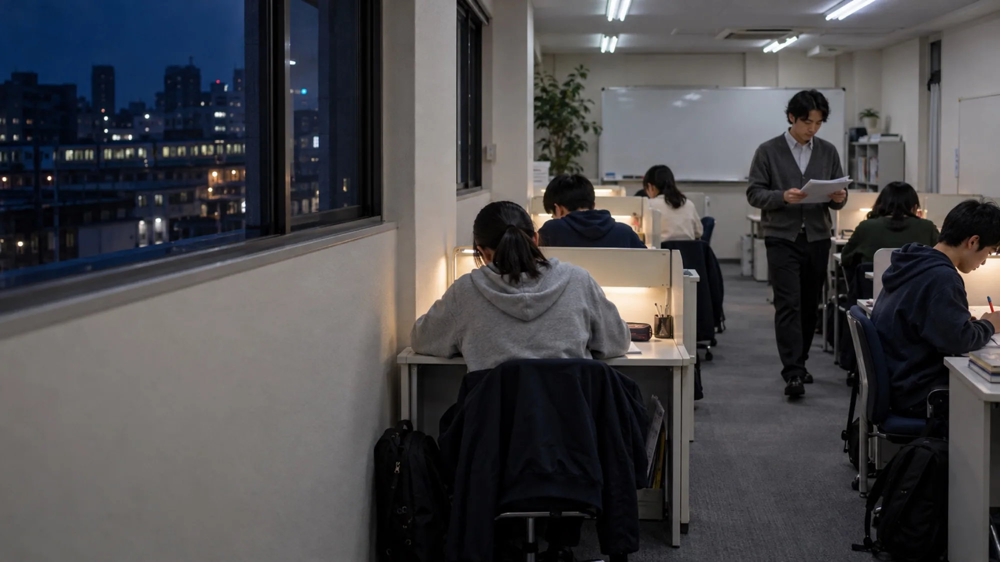 夜の自習室。仕切りのある机で中学生が勉強し、先生がプリントを持って通路を歩く（写真は見本）