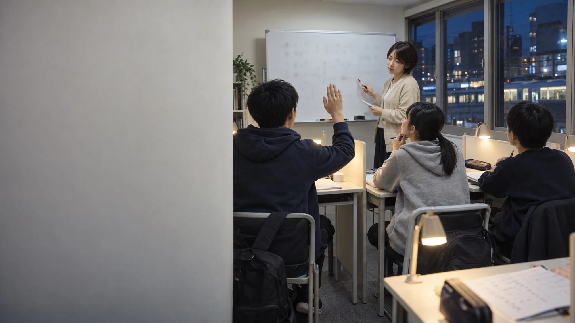 ホワイトボードの前の先生と、机に向かう3人の中学生。1人が半分手を上げている（写真は見本）