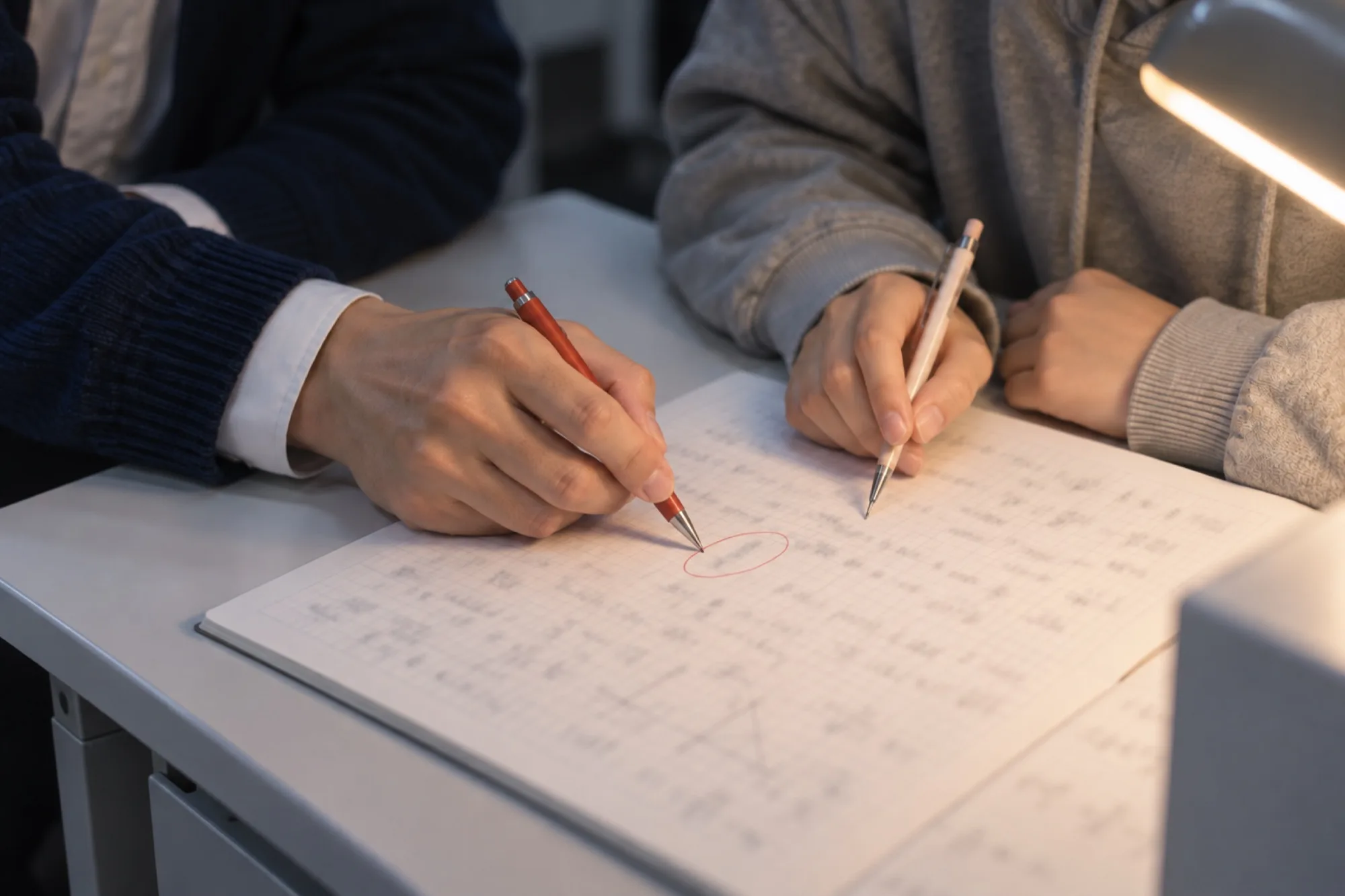 数学のノートの1行を、先生が朱のペンで丸く囲む。生徒の手が鉛筆を持って待っている（写真は見本）